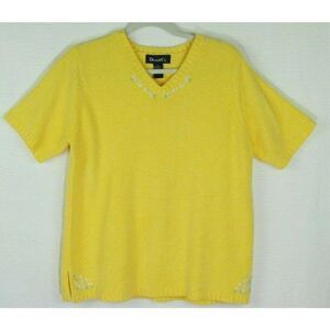Denim & Co Large Sweater V-Neck Embroidered Floral Short Sleeves Yellow Womens